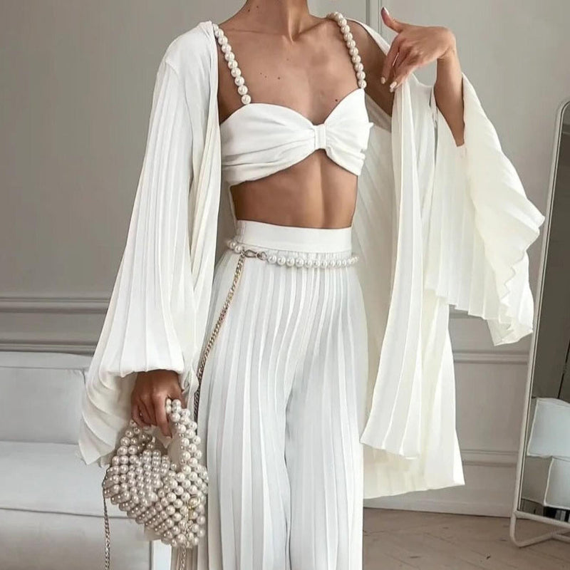 White Pleated Vest Cardigan Three-piece Wide-leg Pants Suit