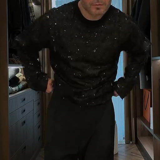 Mesh See-through Sequined Long-sleeved Top