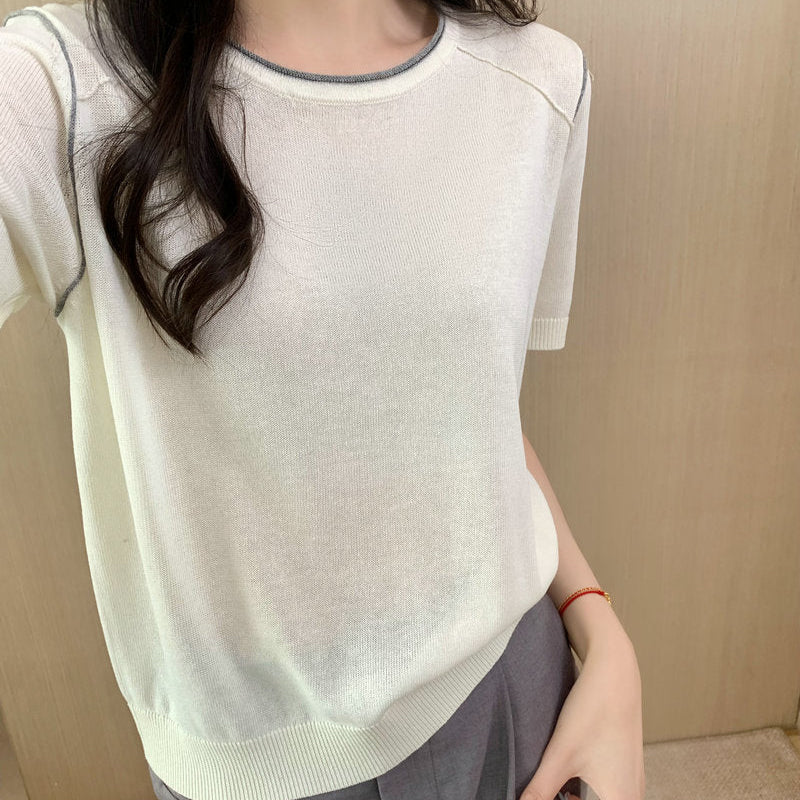 Round Neck Short Sleeve Silk Top