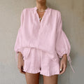 Loose V-neck lantern sleeve top & shorts