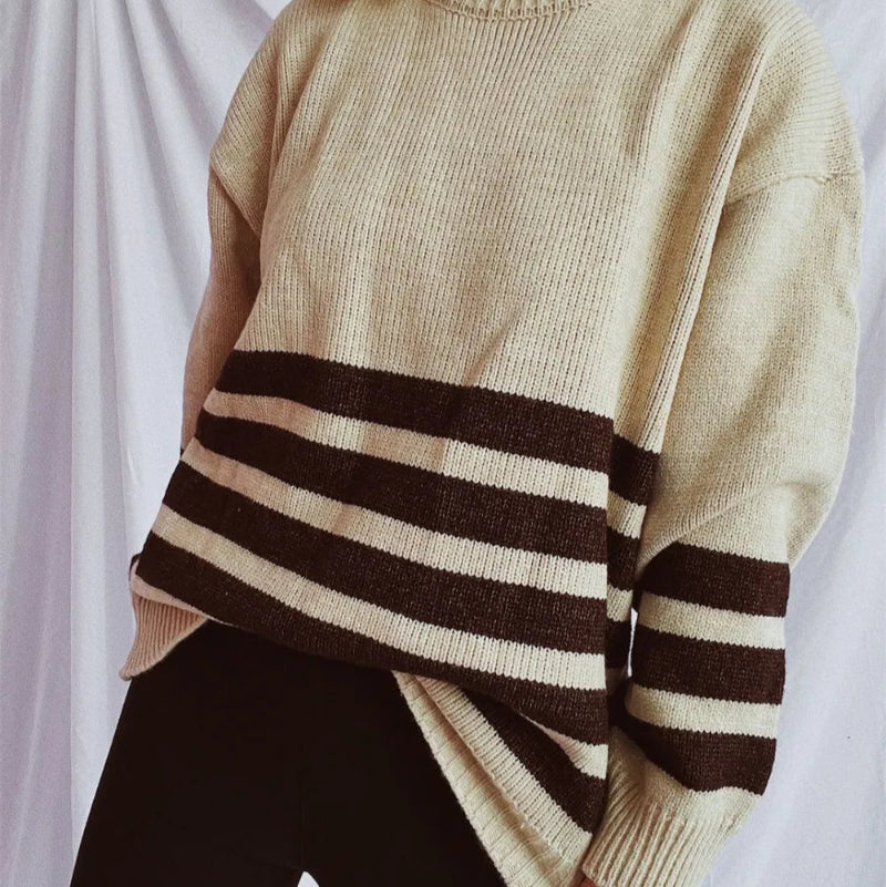 Striped Dropped Shoulder Long Sleeve Sweater - runwayfashionista.com