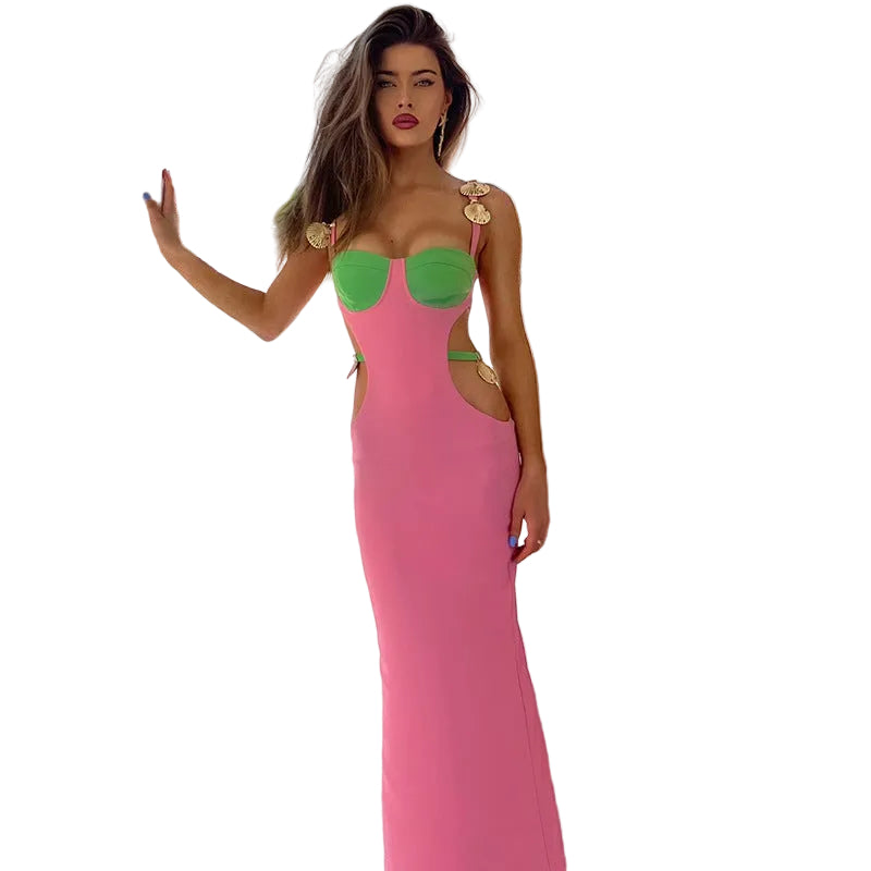 Colour Block Cut-Out Maxi Dress with Gold-Tone Details - pink