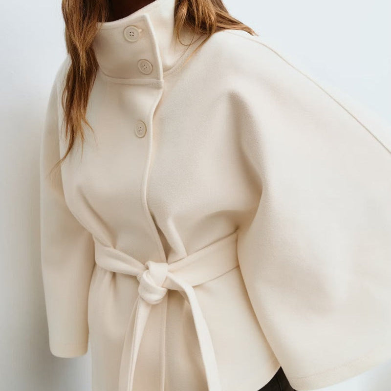 High Neck Batwing Sleeve Coat With Belt - white