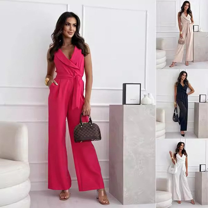 V-neck Sleeveless Jumpsuit With Belt