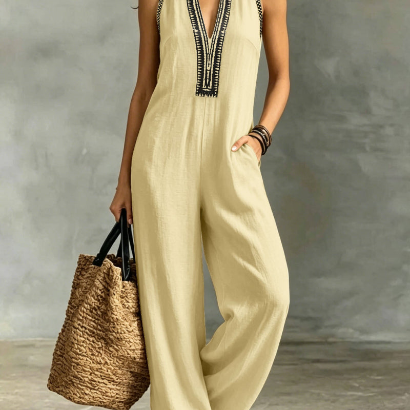 V-Neck Contrast-Trim Sleeveless Wide-Leg Jumpsuit - khaki