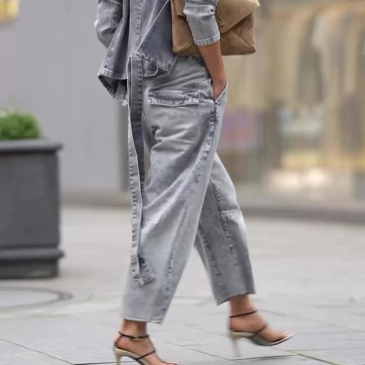 Denim Tie Long Sleeve Top & High Waist Pants Set