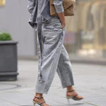 Denim Tie Long Sleeve Top & High Waist Pants Set