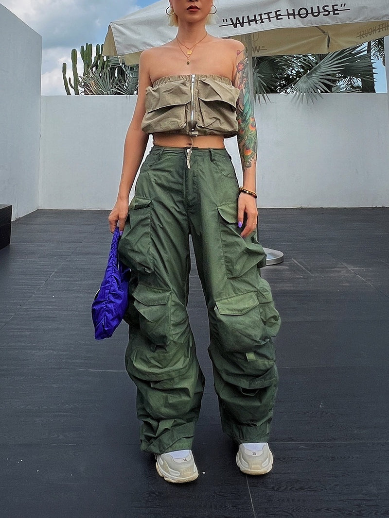 High Waist Patchwork Pockets Cargo Pant - runwayfashionista.com