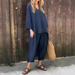 V-neck Top & Wide Leg Pants Set - blue