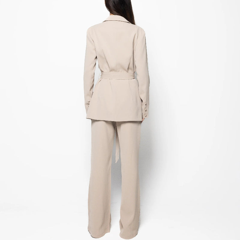 Elegant Solid Color Belted Blazer & High Waist Pants Set - beige