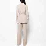 Elegant Solid Color Belted Blazer & High Waist Pants Set - beige
