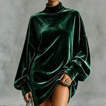 Velvet Roll-Neck Balloon Sleeve Mini Dress - dark green
