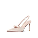 Hollow-out Bow French Satin Stiletto Heels - pink