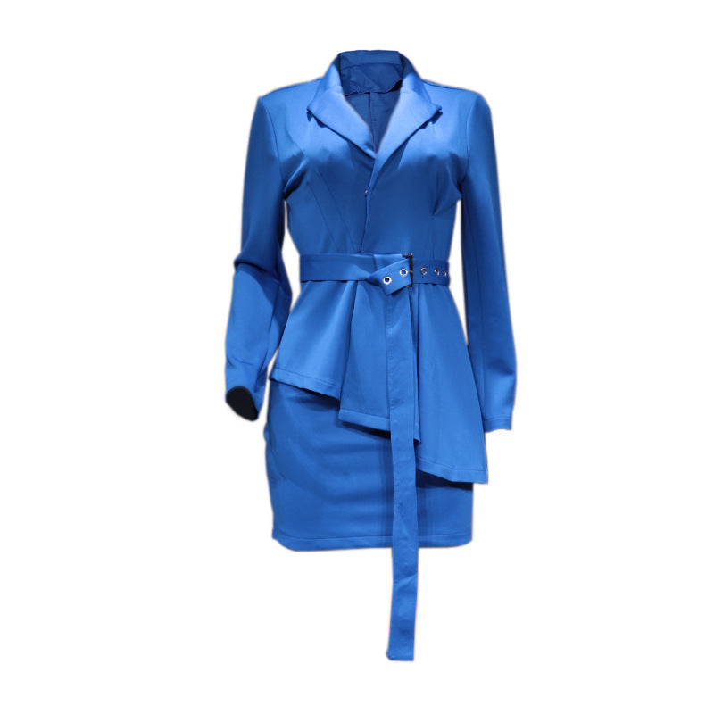 Elegant Long Sleeve Two-Piece Skirt Set - blue