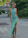 Shiny Mock Turtleneck Halter Dresses