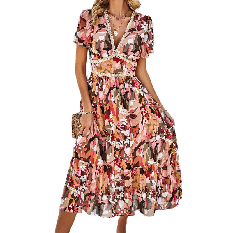 Leisure vacation printed high waisted dress