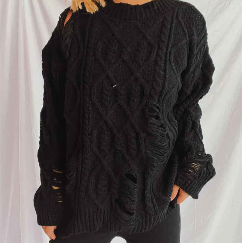 Distressed Cable-Knit Round Neck Long Sleeve Sweater -runwayfashionista.com