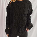 Distressed Cable-Knit Round Neck Long Sleeve Sweater -runwayfashionista.com