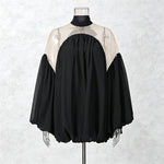 Detachable Choker Cold-Shoulder Balloon-Sleeve Bubble-Hem Mini Dress - black