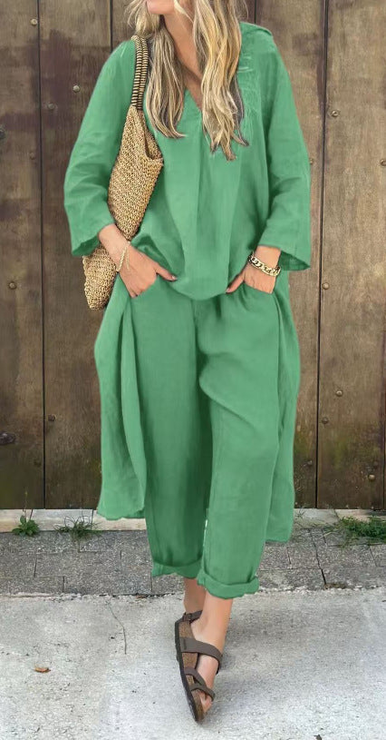 V-neck Long Top And High Waist Wide Leg Pants -green