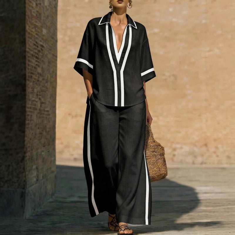 Short Sleeve Top And Wide Leg Pants Two Piece Set -black
