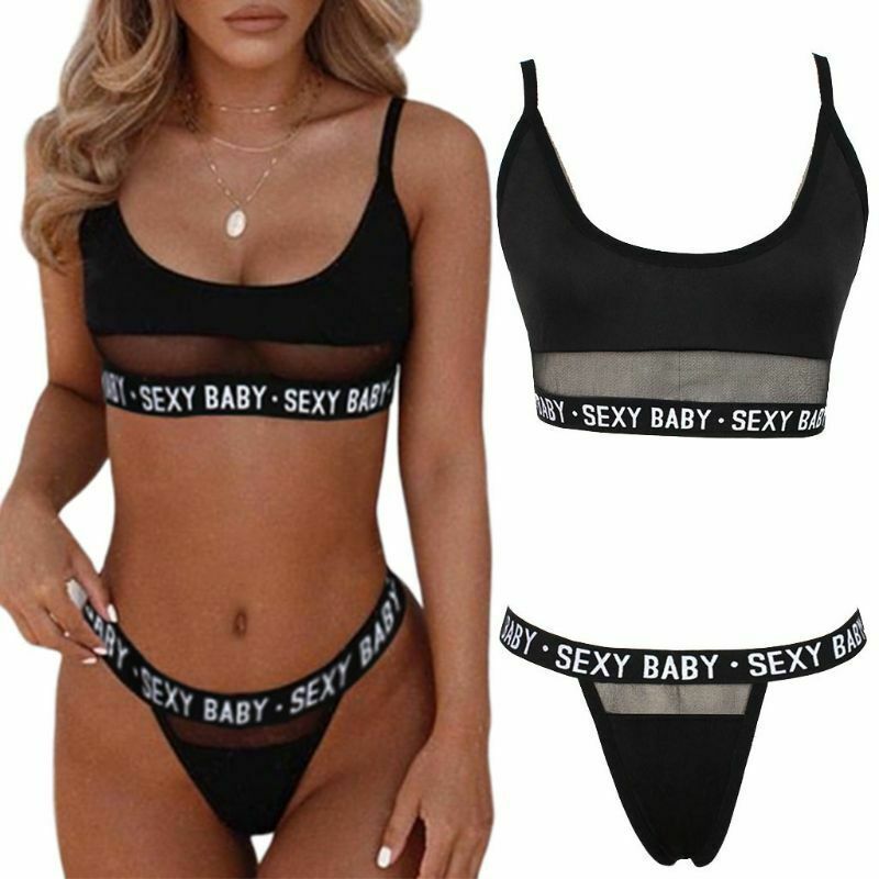 openwork letters split bikini - black