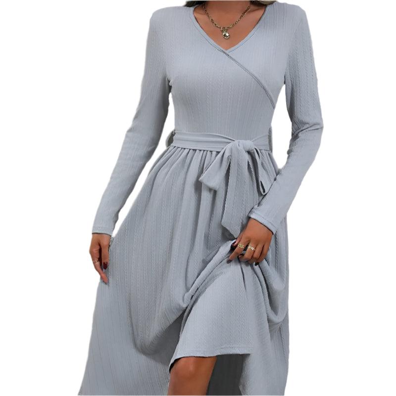 Surplice tie waist long sleeve midi dress - runwayfashionista.com