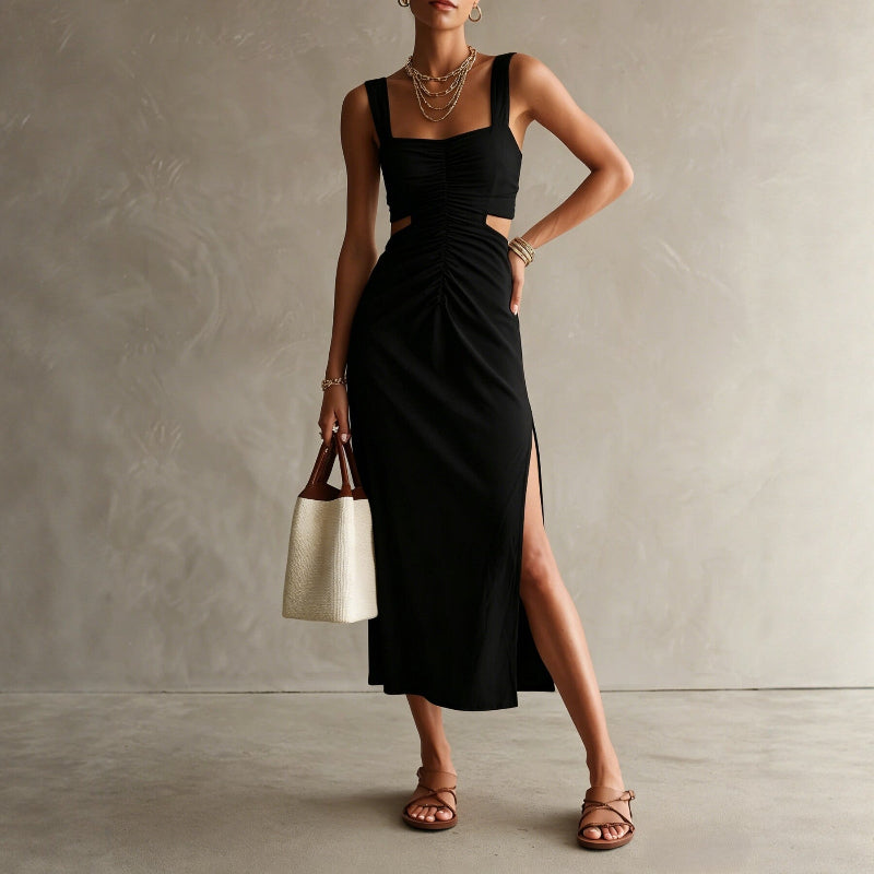 Strap-style Fashionable And Elegant Midi Dress - black