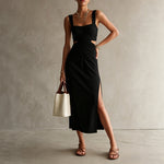 Strap-style Fashionable And Elegant Midi Dress - black