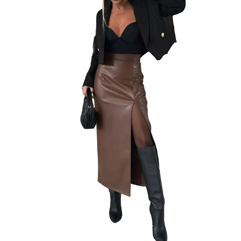 High Waist Split Leather Skirt