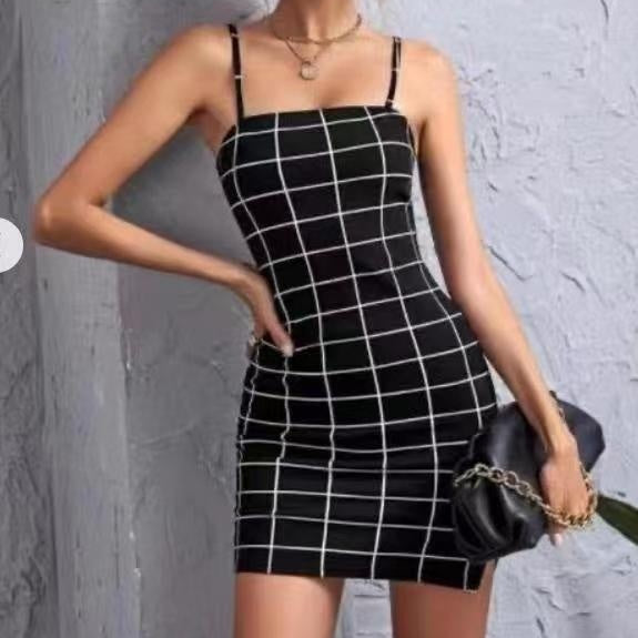 Retro Plaid Sexy Spaghetti Strap Bodycon Mini Dresses