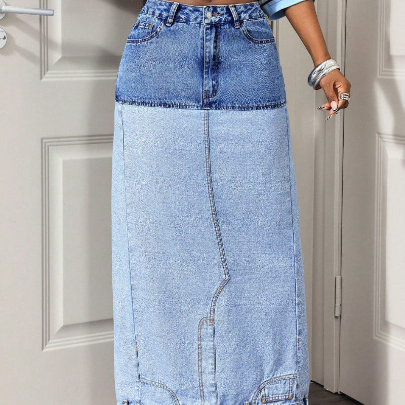 Asymmetric Two-Tone Denim Maxi Skirt