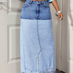 Asymmetric Two-Tone Denim Maxi Skirt