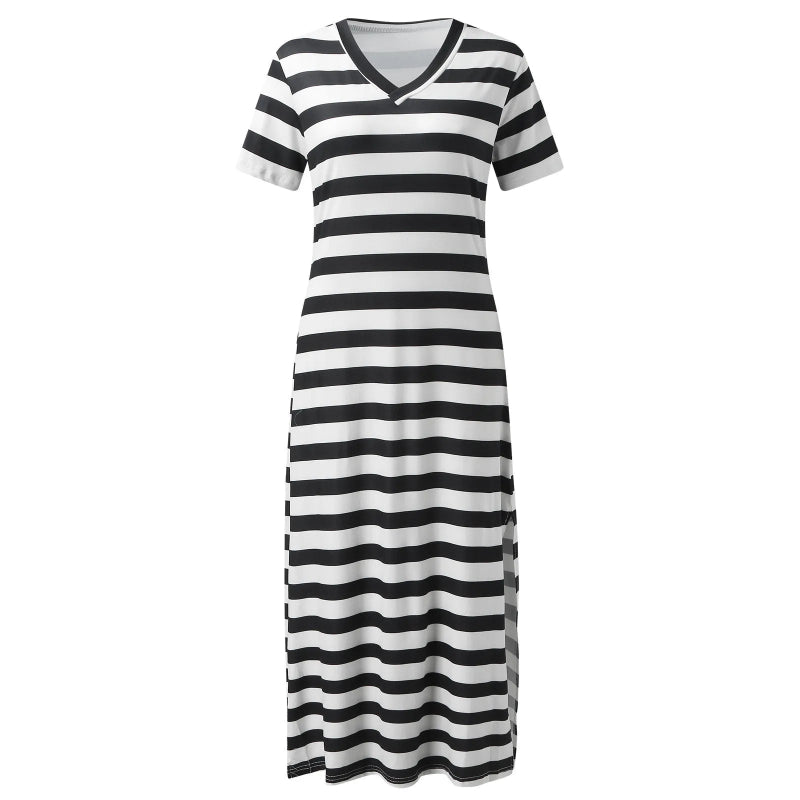 A collection of V-neck casual loose midi dresses with striped patterns and side slits, available in various colors.