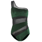 Black One-Shoulder Diagonal Sheer Polka-Dot Mesh Panel Fitted One-Piece Swimsuit