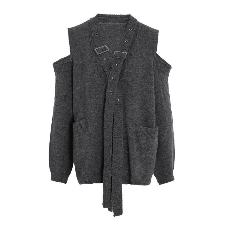 Off-Shoulder Loop V-Neck Cardigan