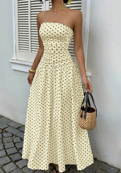 Elegant Polka-dot Off-shoulder Midi Dresses - white