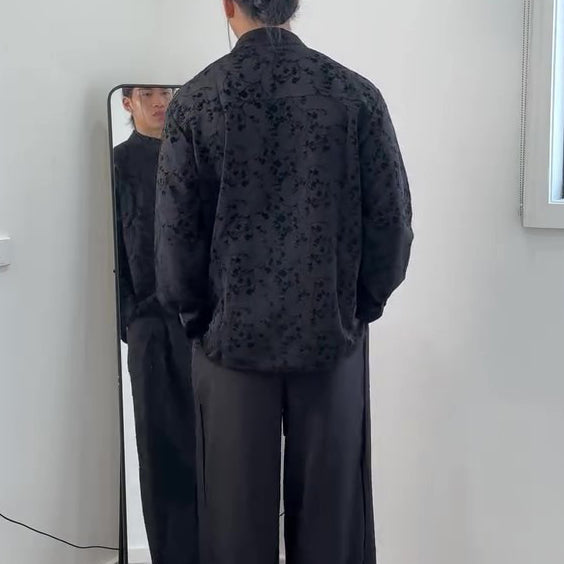 Black Jacquard Mandarin Collar Top With Asymmetric Button Placket