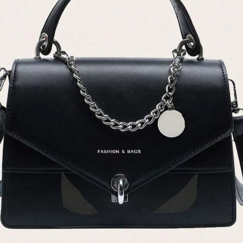 Chain PU Leather Handbag with Detachable Shoulder Strap - Black & Ivory