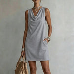Draped Neck Sleeveless Vacation Mini Dress - grey