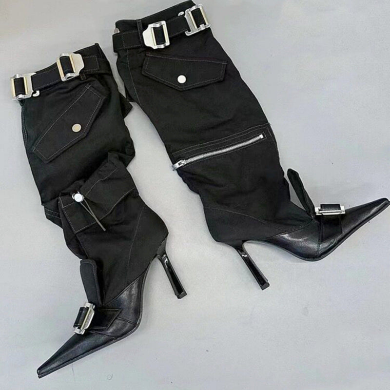 Step out boldly with these pointed toe, knee-length boots featuring a long tube design and a striking belt buckle detail.