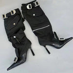Step out boldly with these pointed toe, knee-length boots featuring a long tube design and a striking belt buckle detail.