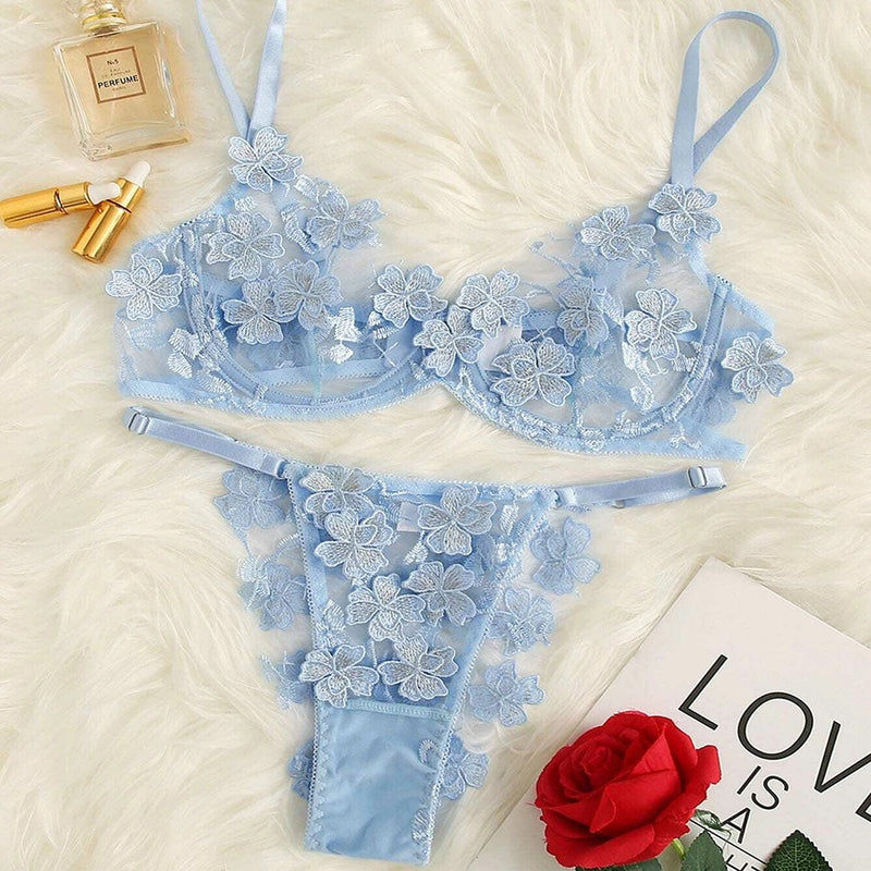 Set Embroidery Applique Mesh Sexy Bra Underwear - runwayfashionista.com