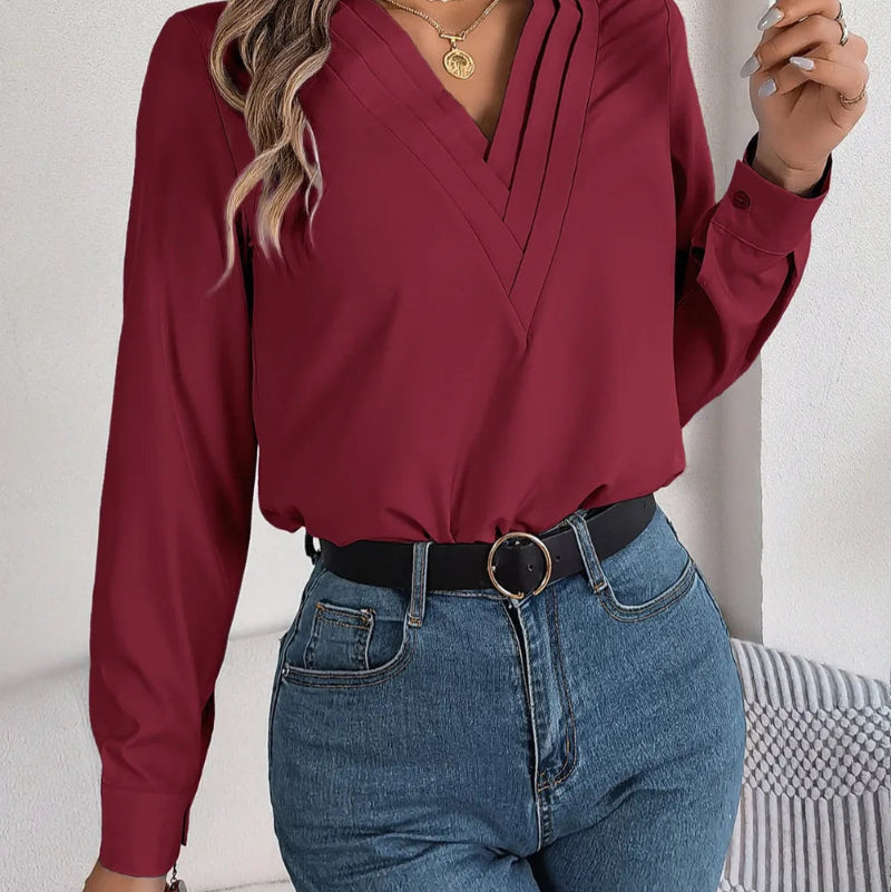 V-Neck Long Sleeve Blouse - runwayfashionista.com