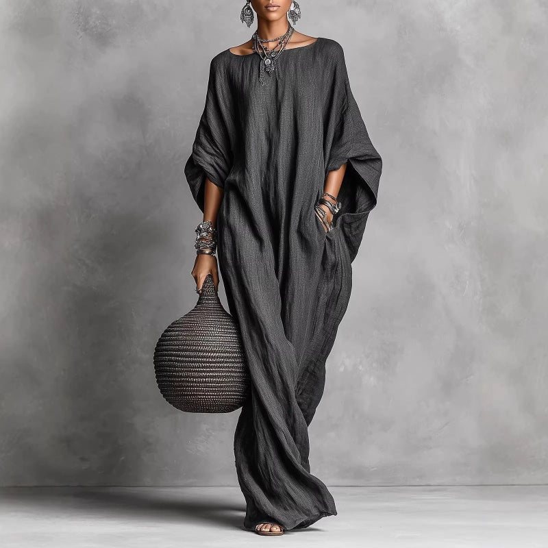 Relaxed Batwing Sleeve Maxi Dress with Pockets - black