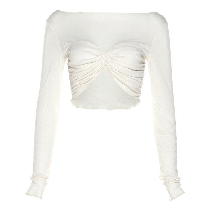 Round Neck Design Pleated Short Open Umbilical Slim T-Shirt - runwayfashionista.com