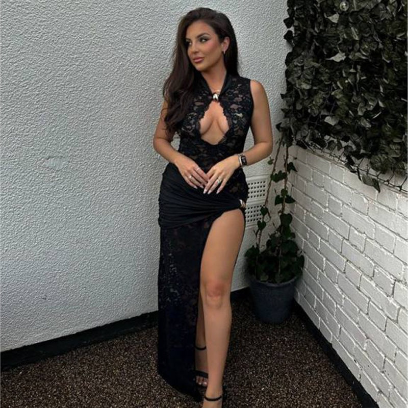 Lace Hollowed Out High Slim Fit Sleeveless Maxi Dress