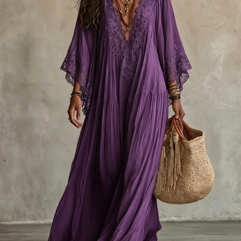 Lace-Trim V-Neck Flared-Sleeve Boho Maxi Dress - purple 