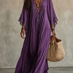 Lace-Trim V-Neck Flared-Sleeve Boho Maxi Dress - purple 