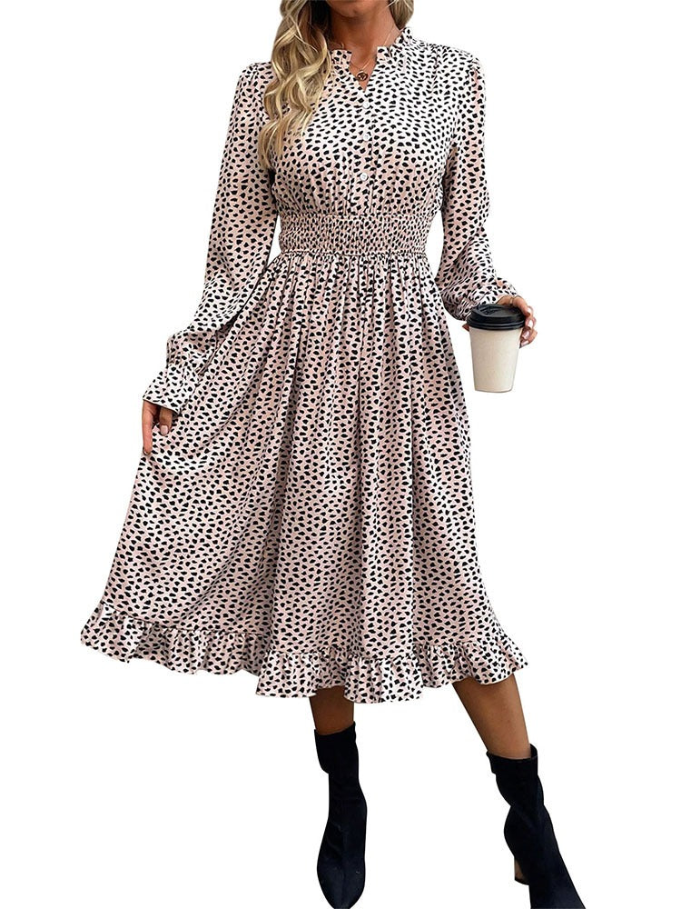 Pleated Long Sleeved Leopard Print Dress